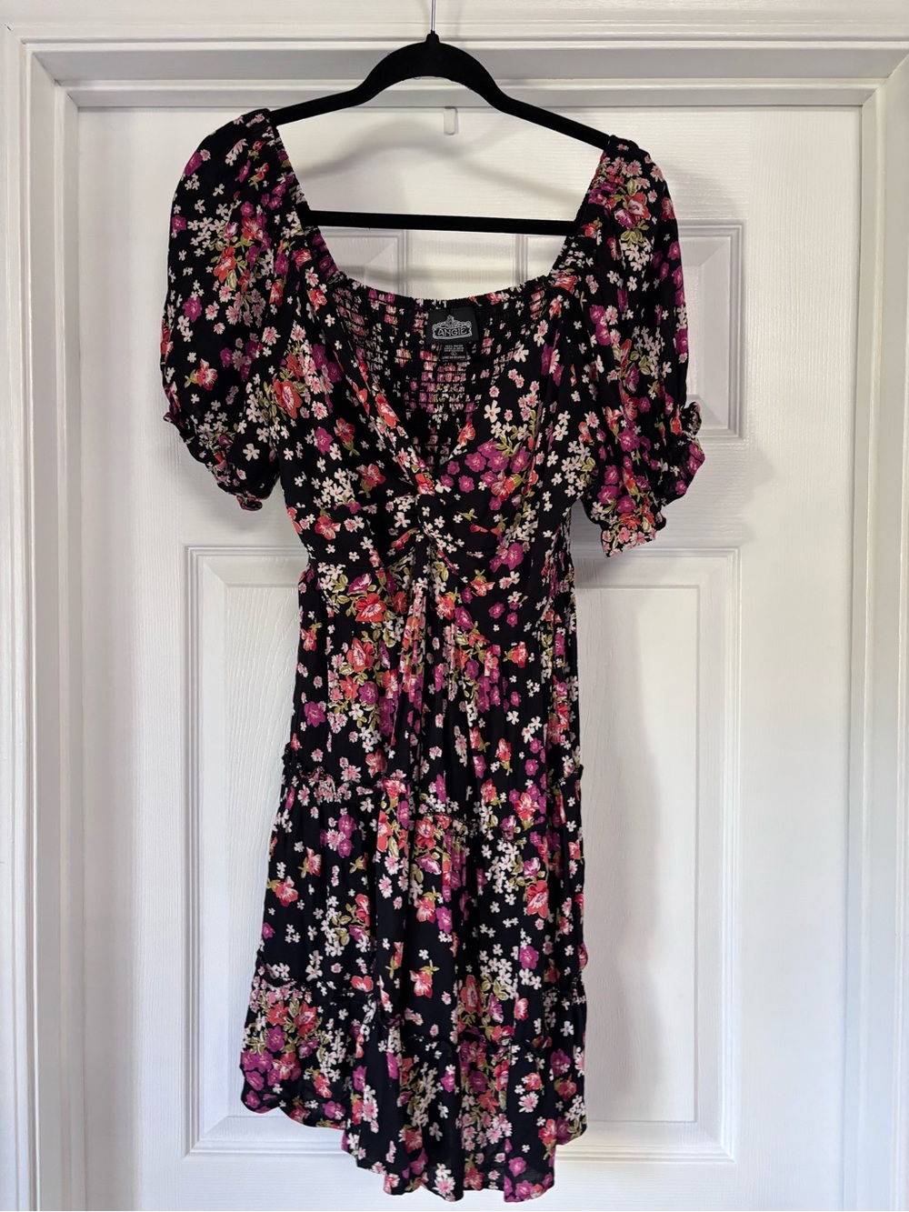 Angie Black Mini Dress with Pink and Green Floral Print